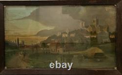 17th-Century Painting on Wood of a City and Cathedral