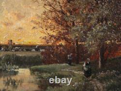 1886 Pair Oil On Wood Panels A. Rueff Landscapes Campaign Day Sunset