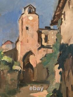 1950 Post-Impressionist Landscape of Bruniquel, Oil Painting on Wood Panel