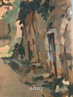 1950 Post-Impressionist Landscape of Bruniquel, Oil Painting on Wood Panel