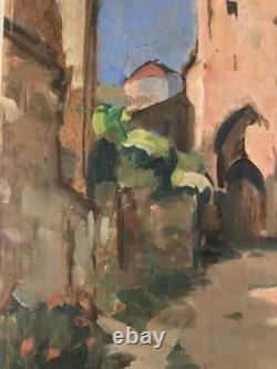 1950 Post-Impressionist Landscape of Bruniquel, Oil Painting on Wood Panel