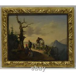 19th Century Ancient Oil Painting Landscape With Travelers, Monog. 64x52 CM