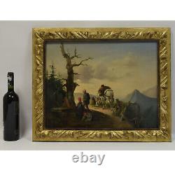 19th Century Ancient Oil Painting Landscape With Travelers, Monog. 64x52 CM