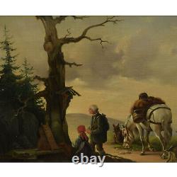 19th Century Ancient Oil Painting Landscape With Travelers, Monog. 64x52 CM