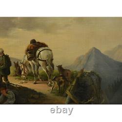 19th Century Ancient Oil Painting Landscape With Travelers, Monog. 64x52 CM