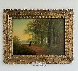19th Century Barbizon Oil Painting on Wood Panel Path in the Woods Woman with Headdress