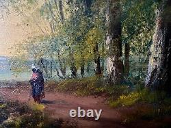 19th Century Barbizon Oil Painting on Wood Panel Path in the Woods Woman with Headdress