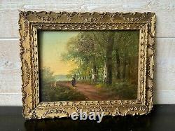 19th Century Barbizon Oil Painting on Wood Panel Path in the Woods Woman with Headdress