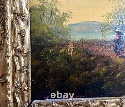 19th Century Barbizon Oil Painting on Wood Panel Path in the Woods Woman with Headdress
