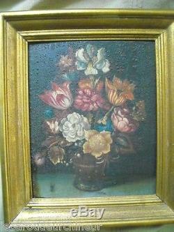 19th Century Oil On Wood On Wooden Panel Bouquet Of Flowers And Butterfly +++++