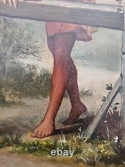 19th Century Oil on Wood Panel by Bénédict Masson after Roman Paul & Virginie Woman