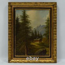 19th Century Old Oil Paintings Mountain Landscape with Chalet 51x42cm