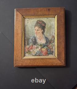 19th Century Painting: Portrait of a Young Woman with Flowers, Oil on Wood Panel