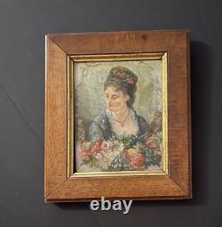 19th Century Painting: Portrait of a Young Woman with Flowers, Oil on Wood Panel