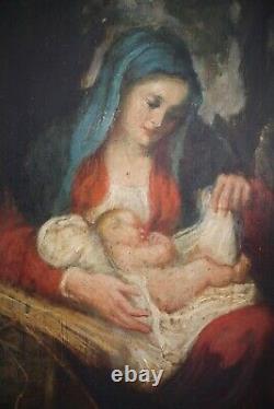 19th Century, Religious, Maternity, Mary, Madonna And Jesus Child, Panel Oil