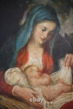 19th Century, Religious, Maternity, Mary, Madonna And Jesus Child, Panel Oil