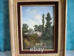 19th Oil On Panel Wood. Country Scene. Cows, Dog Shepherd. To See