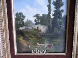 19th Oil On Panel Wood. Country Scene. Cows, Dog Shepherd. To See