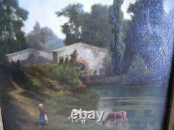 19th Oil On Panel Wood. Country Scene. Cows, Dog Shepherd. To See