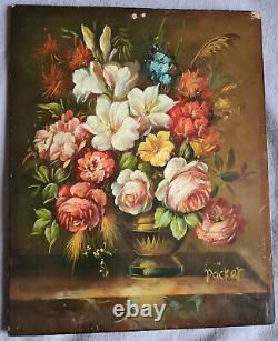 20th Century Painting: Vase and Flower Bouquet, Oil on Fiber Wood Panel