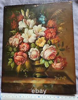 20th Century Painting: Vase and Flower Bouquet, Oil on Fiber Wood Panel