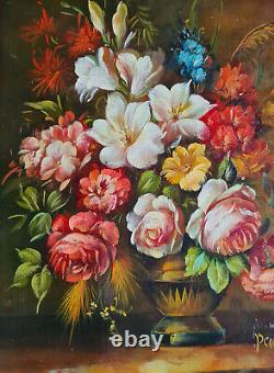 20th Century Painting: Vase and Flower Bouquet, Oil on Fiber Wood Panel