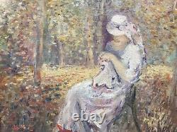 20th Century Painting by Paul Flaubert: Woman Sewing in a Garden