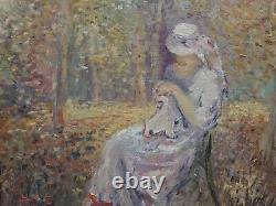 20th Century Painting by Paul Flaubert: Woman Sewing in a Garden