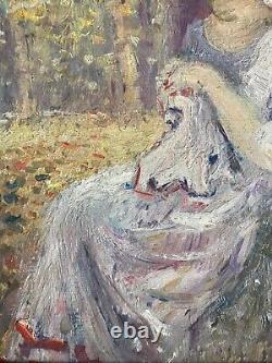 20th Century Painting by Paul Flaubert: Woman Sewing in a Garden