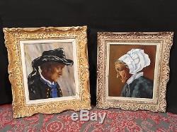 2 Characters In Costume Breton Breton Painting Signed Laur Portraits