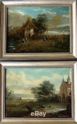 2 Flemish Paintings Xixth. Beautiful Lacustres Landscapes Animated