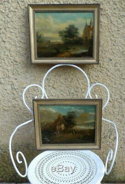 2 Flemish Paintings Xixth. Beautiful Lacustres Landscapes Animated