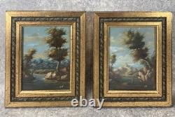 2 Italian Paintings. Oil on Copper Landscape Framed in Gilded Wood under Glass 1960