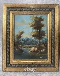 2 Italian Paintings. Oil on Copper Landscape Framed in Gilded Wood under Glass 1960
