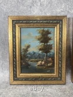 2 Italian Paintings. Oil on Copper Landscape Framed in Gilded Wood under Glass 1960