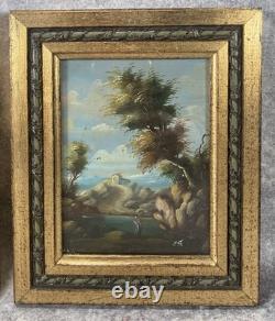 2 Italian Paintings. Oil on Copper Landscape Framed in Gilded Wood under Glass 1960