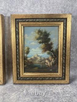 2 Italian Paintings. Oil on Copper Landscape Framed in Gilded Wood under Glass 1960
