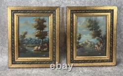 2 Italian Paintings. Oil on Copper Landscape Framed in Gilded Wood under Glass 1960
