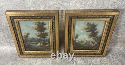 2 Italian Paintings. Oil on Copper Landscape Framed in Gilded Wood under Glass 1960