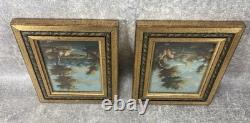 2 Italian Paintings. Oil on Copper Landscape Framed in Gilded Wood under Glass 1960