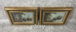2 Italian Paintings. Oil on Copper Landscape Framed in Gilded Wood under Glass 1960