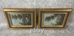 2 Italian Paintings. Oil on Copper Landscape Framed in Gilded Wood under Glass 1960