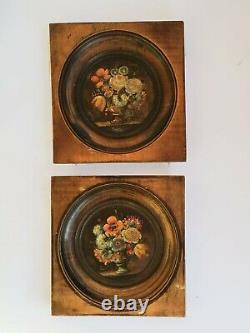 2 Oil Miniatures On Panel Bouquets Of Flowers, Wooden Frame Xixth