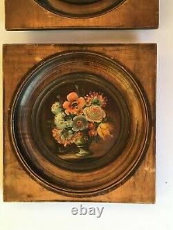 2 Oil Miniatures On Panel Bouquets Of Flowers, Wooden Frame Xixth
