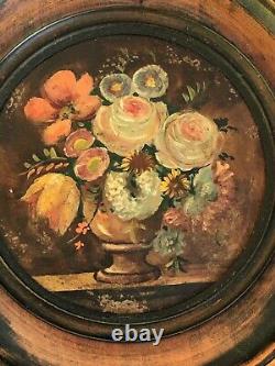 2 Oil Miniatures On Panel Bouquets Of Flowers, Wooden Frame Xixth