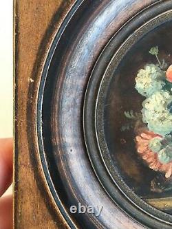 2 Oil Miniatures On Panel Bouquets Of Flowers, Wooden Frame Xixth