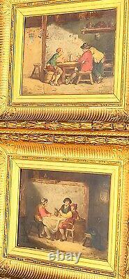 2 Old paintings signed. Inn scene Oil painting on wood panel