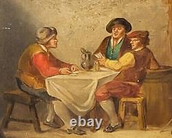 2 Old paintings signed. Inn scene Oil painting on wood panel