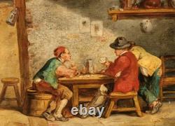2 Old paintings signed. Inn scene Oil painting on wood panel