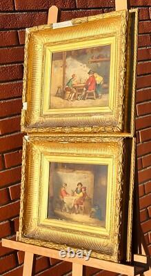 2 Old paintings signed. Inn scene Oil painting on wood panel
